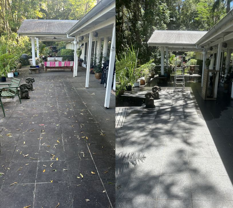 Before and after pressure cleaning a carport and driveway