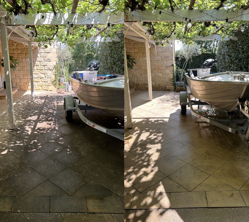 Before and after pressure cleaning a paved entertaining area