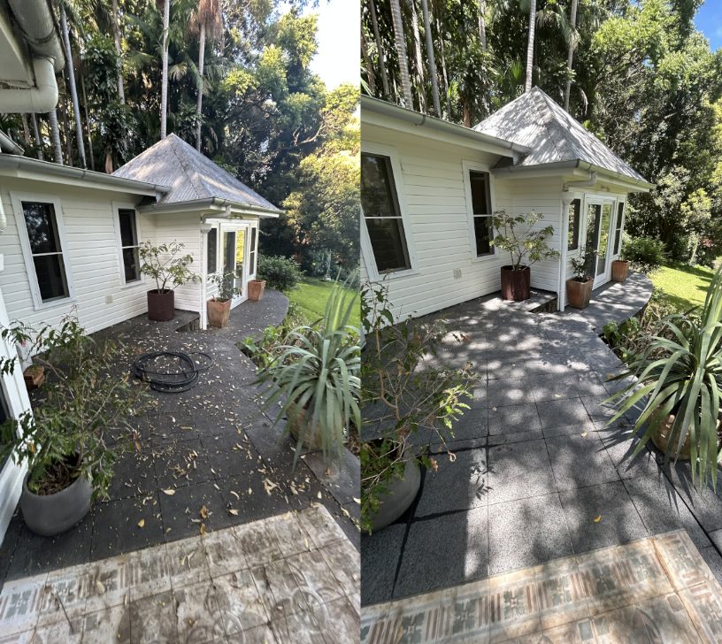 Before and after pressure cleaning an entry path and garden